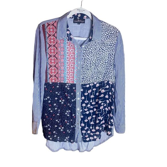 Liza Byrd Patchwork Button Down Shirt Women’s Small Rayon Long Sleeve Boho Chic - Picture 1 of 4